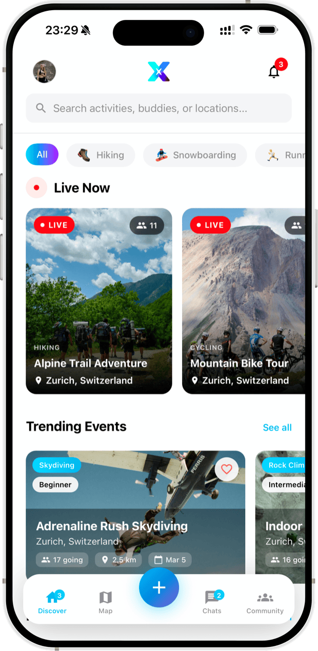 GoXtra Discover feed showing live sessions and trending events